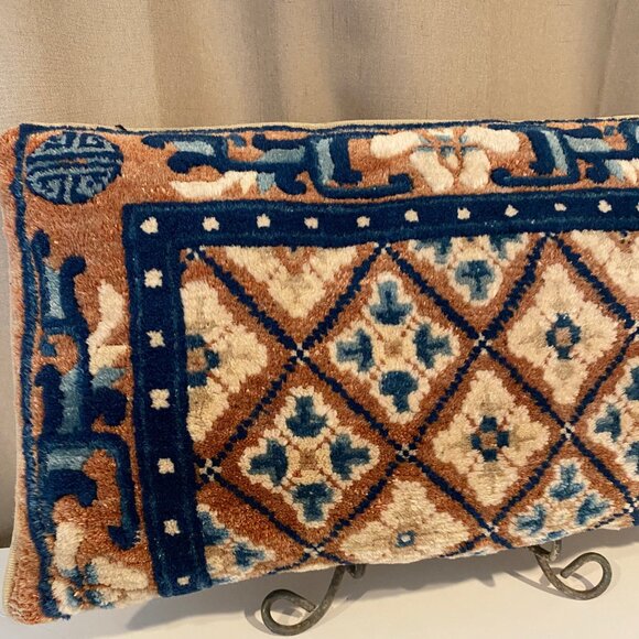 Vintage Turkish Wool Carpet Pillow 24x14 Handwoven Blue Brown Accent - Picture 6 of 7
